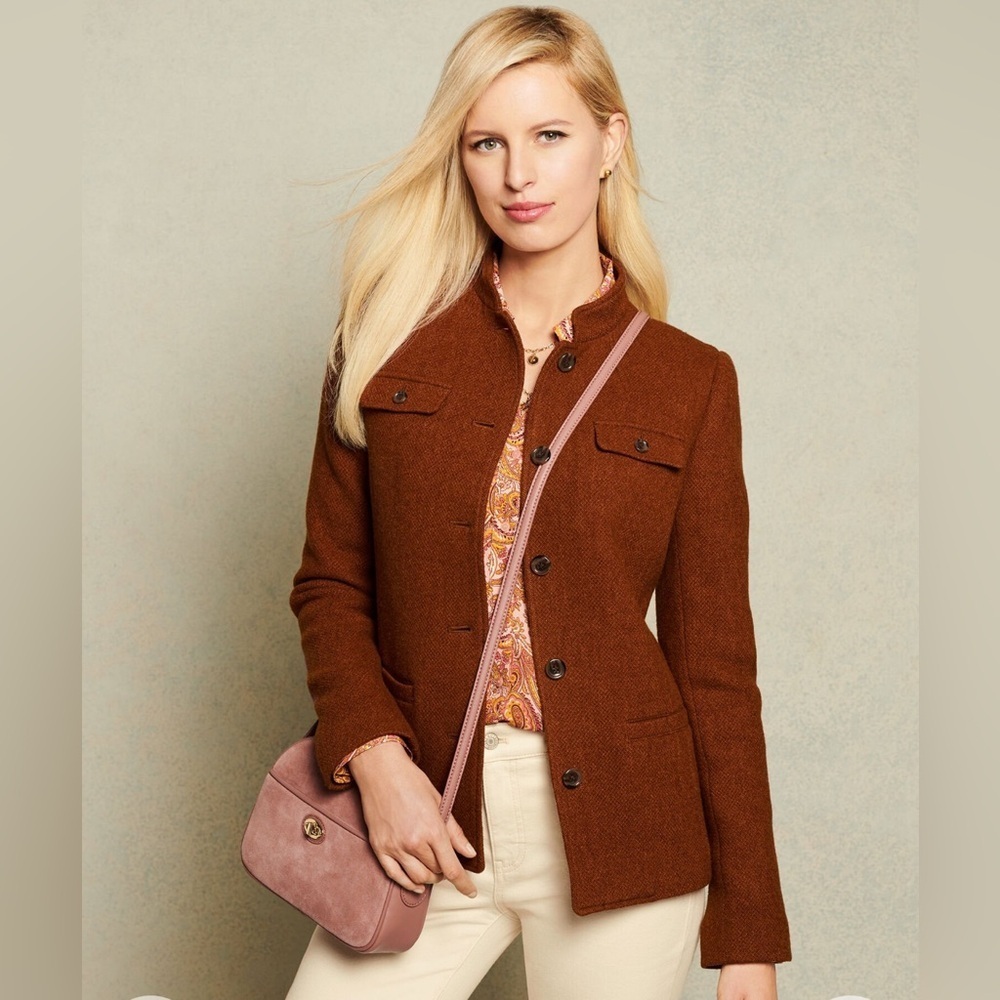 Talbots Women's Brown Wool Blend Band Collar Jacket 14 Petite